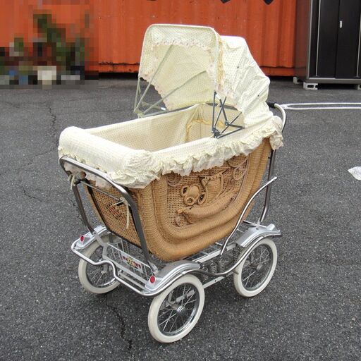 美品 乳母車 桃太郎号 籐製 ブレーキ付 手押し車 4輪 日除け/カバー付き ベビーカー 昭和レトロ 【モノ市場安城店】013