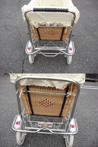 美品 乳母車 桃太郎号 籐製 ブレーキ付 手押し車 4輪 日除け/カバー