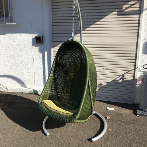 12/24 販売済ST KAZAMA カザマ ハンギングチェア ラタン グリーン 椅子 家具 チェア 菊TK
