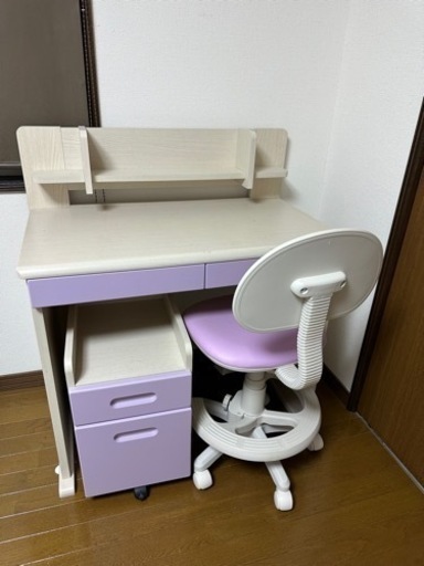 美品！学習机　パープル　椅子、キャビネット付