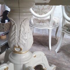 ダイニング チェア 2脚 テーブル 3点セット 木製 猫脚 キズあり 菊NS