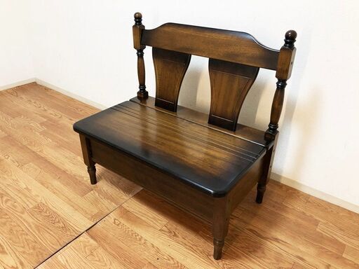 ウッドベンチ木製フレーム収納付き　アンティーク調木製ベンチ美品　天然杢ダンニングベンチ/木製椅子完成品
