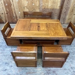 d1117501-1 囲炉裏 テーブル ダイニングセット 座卓 イス ベンチ 無垢材 欅 けやき 火鉢 時代物 和家具 古民家 宮城引取限定 現状品 中古品