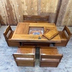 d1117501-1 囲炉裏 テーブル ダイニングセット 座卓 イス ベンチ 無垢材 欅 けやき 火鉢 時代物 和家具 古民家 宮城引取限定 現状品 中古品