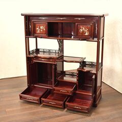 【ヤ取終了11/27】≪yt984ジ≫ 螺鈿細工 飾り棚 透かし彫り 4尺幅 花鳥 違い棚/茶棚 茶箪笥/和箪笥/時代箪笥/民芸/和家具/茶室/和風 51118-05