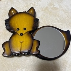 昭和レトロ　木彫りキツネ　鏡