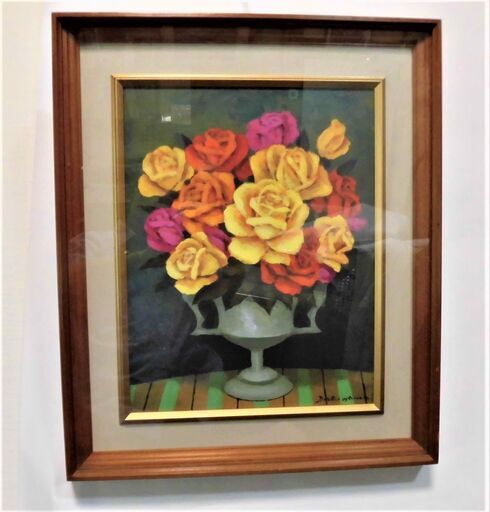 滝沢 直次の油彩画 6号「ばら」額縁裏に画家本人の署名入り　画商の評価価格と同額で絵画のお好きな方にお譲りします。