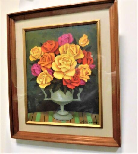 滝沢 直次の油彩画 6号「ばら」額縁裏に画家本人の署名入り 画商の評価