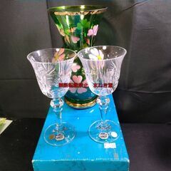 ボヘミアガラス フラワーベース ワイングラスx2 3点セット MADE IN 