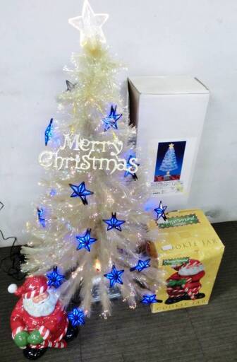 ホワイトクリスマスツリー＆サンタセット　クリスタルファイバーブルーLEDクリアスター120㎝　ペパーミント サンタ クッキー JAR