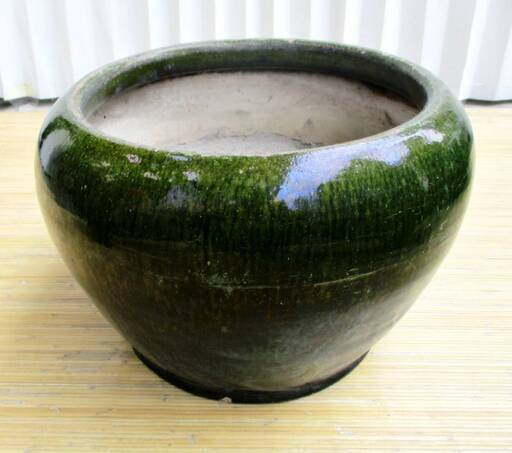 ①火鉢灰付き深緑色陶器昭和レトロアンティーク金魚鉢和風古民具植木鉢