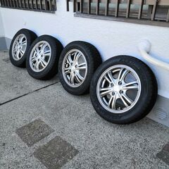 1シーズンのみ使用14インチスタッドレス&アルミ4本SET◆165-65-14 PCD100・4穴・オフセット44 ◆軽、コンパクトカーに！