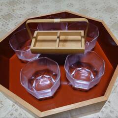 木製　そうめん鉢セット　ガラス製5鉢　薬味入れ付　箱あり