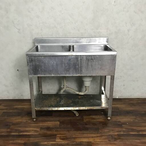 WU1/1 【厨房機器】ステンレス 2槽 シンク 流し台 2層 業務用 厨房機器 洗い場 飲食店などに W90×D45×H81cm ※錆多 現状販売 ジャンク