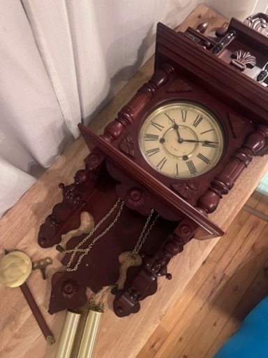 【レトロ】掛時計 柱時計 鍵付き ローマ 古時計 振り子 アンティーク ゼンマイ