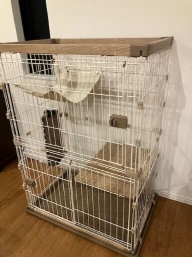【新品近い】使用1週間 ネコ用品一式 ケージ 2段 アイリスオーヤマ 木製 PWCR-962V システムトイレ 餌 グッズ ねこ 猫  犬