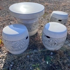 【売約済】信楽焼き テーブル イス3脚セット 庭園 屋外用 