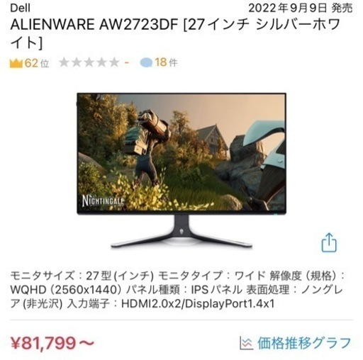 中古良品 DELL ALIENWARE AW2723DF 27インチ WQHD 280Hz