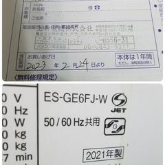 【極上品】シャープ全自動洗濯機 6.0kg ES-GE6FJ 2021年製 穴なし槽 自動槽洗い ほぐし運転 風乾燥 Low＆コンパクトBODY 