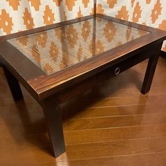 アジアンガラスローテーブル　天然木　アンティーク家具