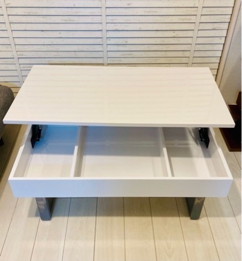 リフティングテーブル リフトアップテーブル 昇降式ローテーブルホワイト大容量収納