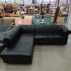 ブラック レザー チェスターフィールド コーナーソファ 輸入家具
