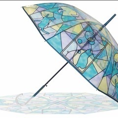 未使用品　ステンドガラス風雨傘　猫と蝶　ブルー
