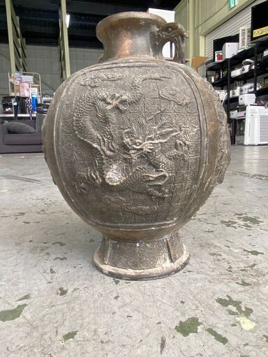 大阪⭐️エコマックス♻️「S49」真鍮製 龍虎図 浮彫 怪鳥耳 花生 花瓶 花入 壺 銅器
