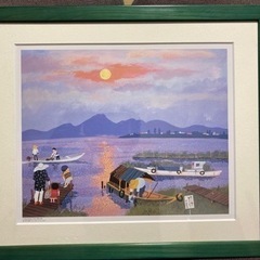 原田泰治　額縁入りアート　夕日の湖