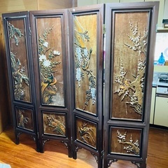 DIK136 中国古美術 見事な木彫刻 4枚折り衝立 間仕切り オブジェ 4連