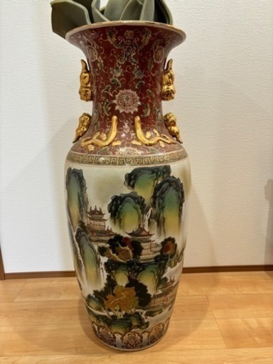 嶺東窯製時代物 色絵金彩山 水文大型飾花瓶｜全長約108cm｜ インテリア・置物・ヴィンテージ