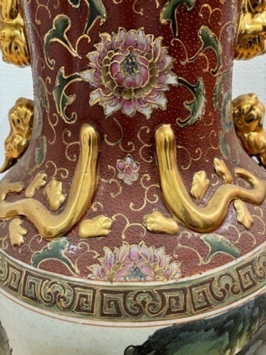 嶺東窯製時代物 色絵金彩山 水文大型飾花瓶｜全長約108cm｜ インテリア・置物・ヴィンテージ