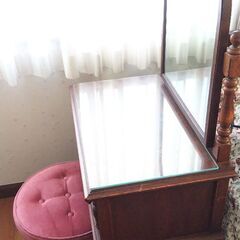 昭和レトロ アンティーク 鏡台 椅子&ガラス板付き