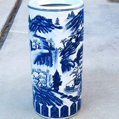 ★中古★傘立て　陶器　山水　高さ約45cm　直径約20cm