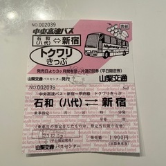 石和(八代)↔︎新宿 中央高速バス トクワリきっぷ