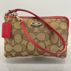 COACH コーチ 赤レザー×シグネチャー 現行モデル ハンドポ...