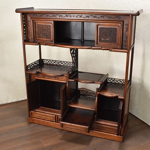 ba10/57 唐木 茶棚 違い棚 彫刻 松竹梅 鶴松 飾り棚 透かし 煎茶棚 ba10/57 唐木 茶棚 違い棚 彫刻 松竹梅 鶴松 飾り棚 透かし 煎茶棚