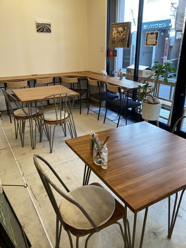 カフェテーブル 天然ウォールナット L字型テーブル+椅子5脚（2200  