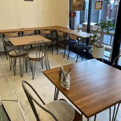 カフェテーブル 天然ウォールナット L字型テーブル+椅子５脚（2200×2250mm ）