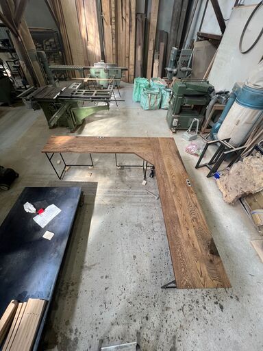 カフェテーブル 天然ウォールナット L字型テーブル+椅子5脚（2200  