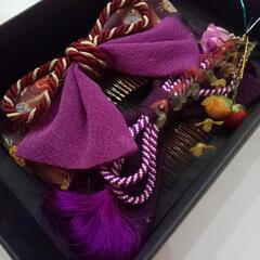 紫色の 和の 髪飾り × 2個 かんざし付き〈正絹〉