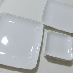 0円：白皿 セット 角皿 大皿2枚と小皿5枚 中古 ボタニカル柄
