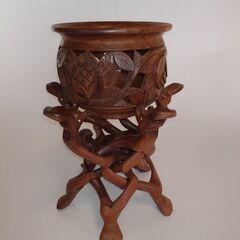 木彫り　鉢カバー、鉢カバースタンド