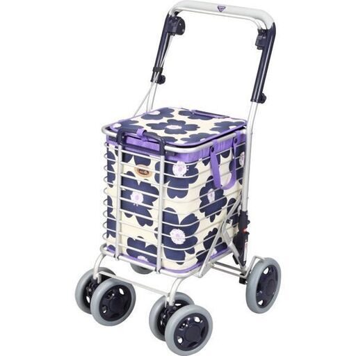 【新品・未開封品】　ユーバ産業 アルミワイヤーカート A-0245H（花柄青） ショッピングカート　インナーバッグ付き　ハンドルブレーキ