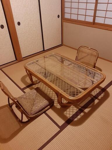 [美品]　藤　座卓テーブル　座椅子2個セット付き