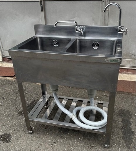 業務用 SENDA 2槽シンク 2口蛇口付き 幅750×奥450×高さ800+90(mm) 流し台 キッチン 手洗い場 厨房 二層 二槽 2層 店舗 BG付き 大阪発