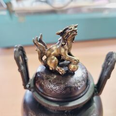 愛品館 市原店】玉型獅子蓋青銅香炉 大峰作