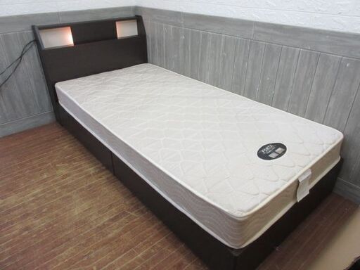 stp-2286　シングルベッド　ダークブラウン　宮付き　引き出し2杯　ライト付き　コンセント2口　寝具　ベッド　ベット