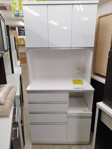 ①ニトリ NITORI キッチンボード レジューム 食器棚 キッチン収納 おしゃれ デザイン家具 北欧 新生活 幅(W)90cm ホワイト 白 クリーニング済み 堺市 石津【ジャングルジャングルサカイ石津店】