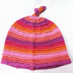 【未使用】ベビー コットン帽子　ピンク・ストライプ　手編み